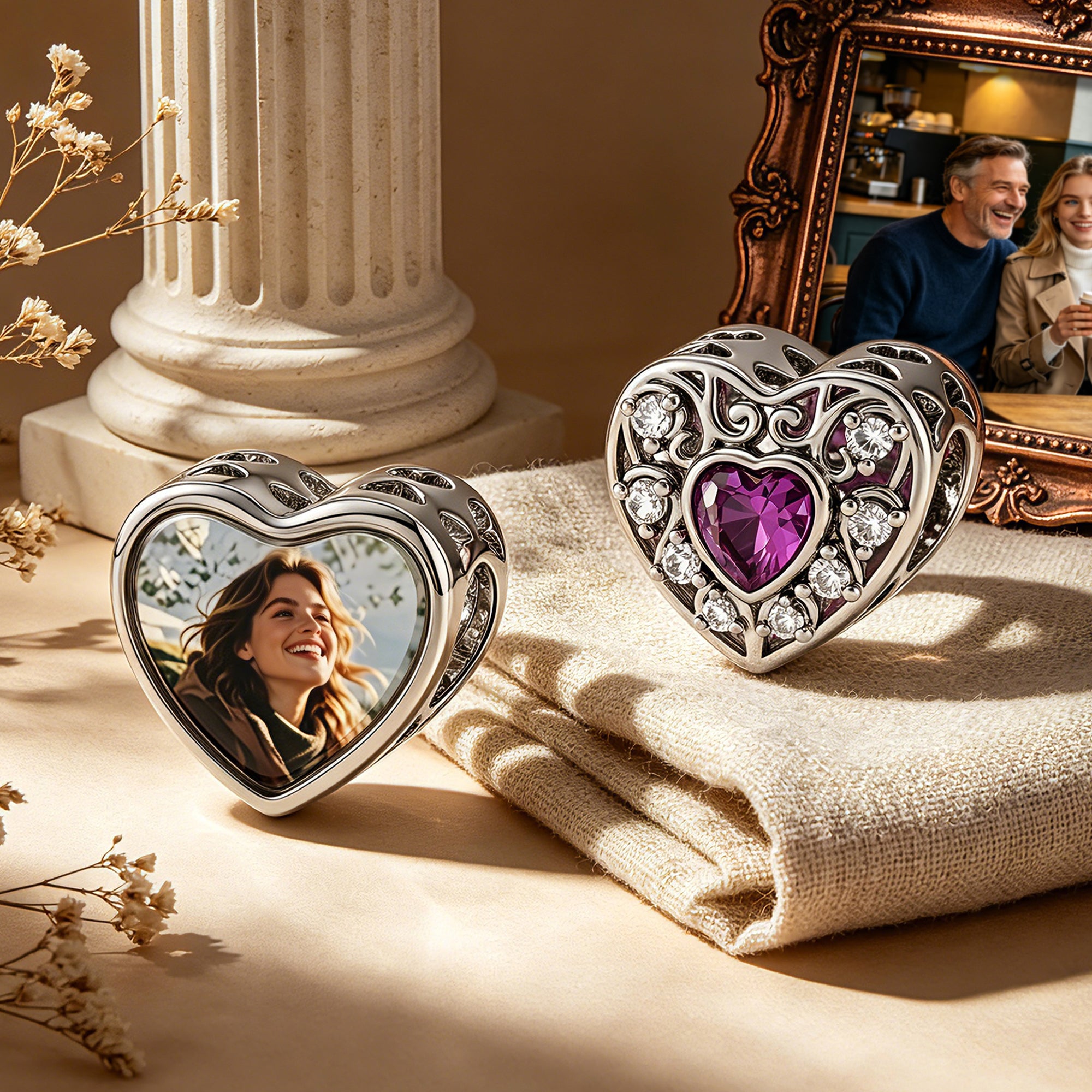 Custom Photo Heart Charm – Purple Heart CZ Openwork Bead