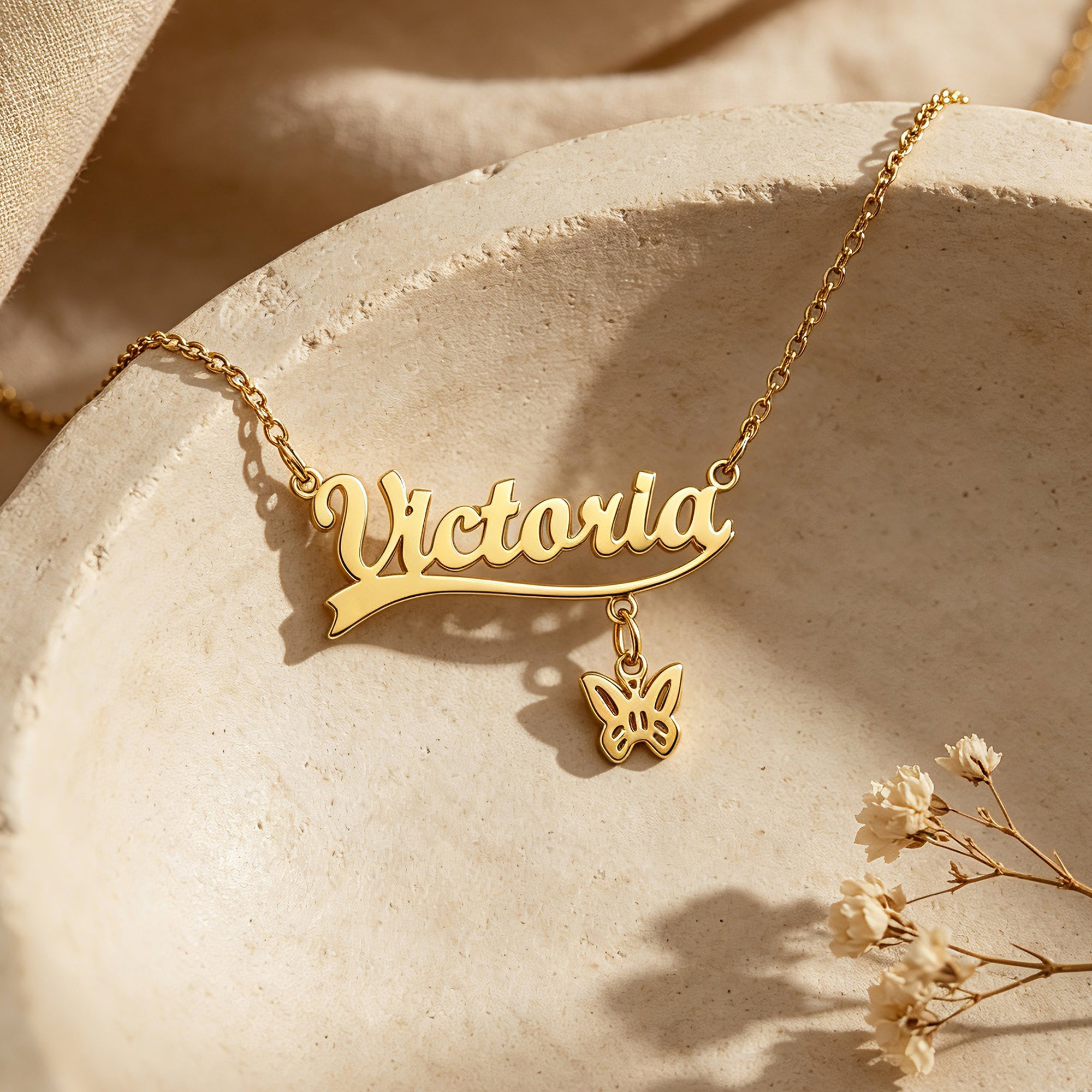 Personalized Butterfly Name Necklace for Women – Custom Script Nameplate Charm Jewelry Gift for Her