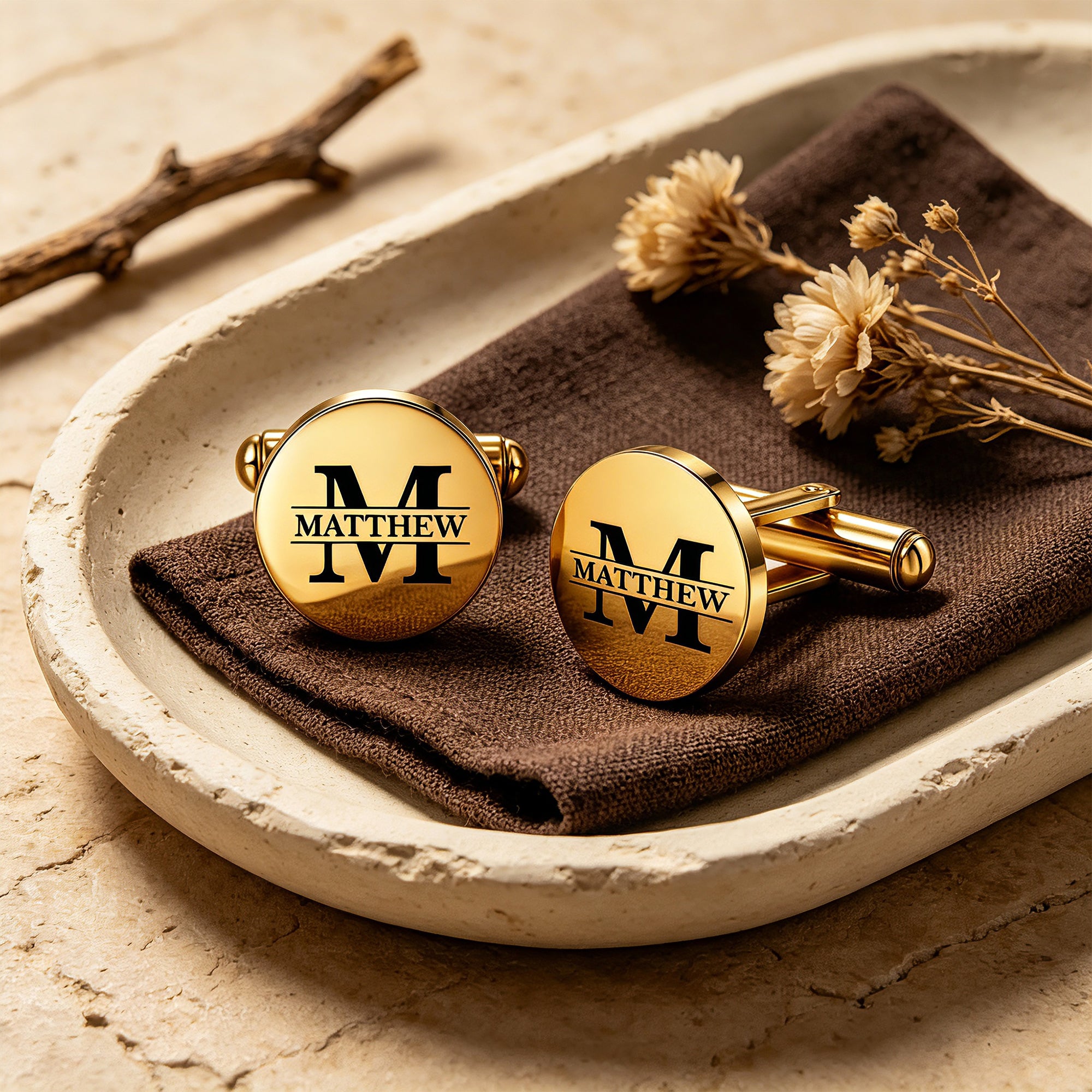 Personalized Round Cufflinks for Men – Custom Name Initial Cufflinks Gift for Him