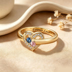 Personalized Birthstone Heart Ring for Women – 2 Custom CZ Stones Pavé Heart Frame Anniversary Gift for Her