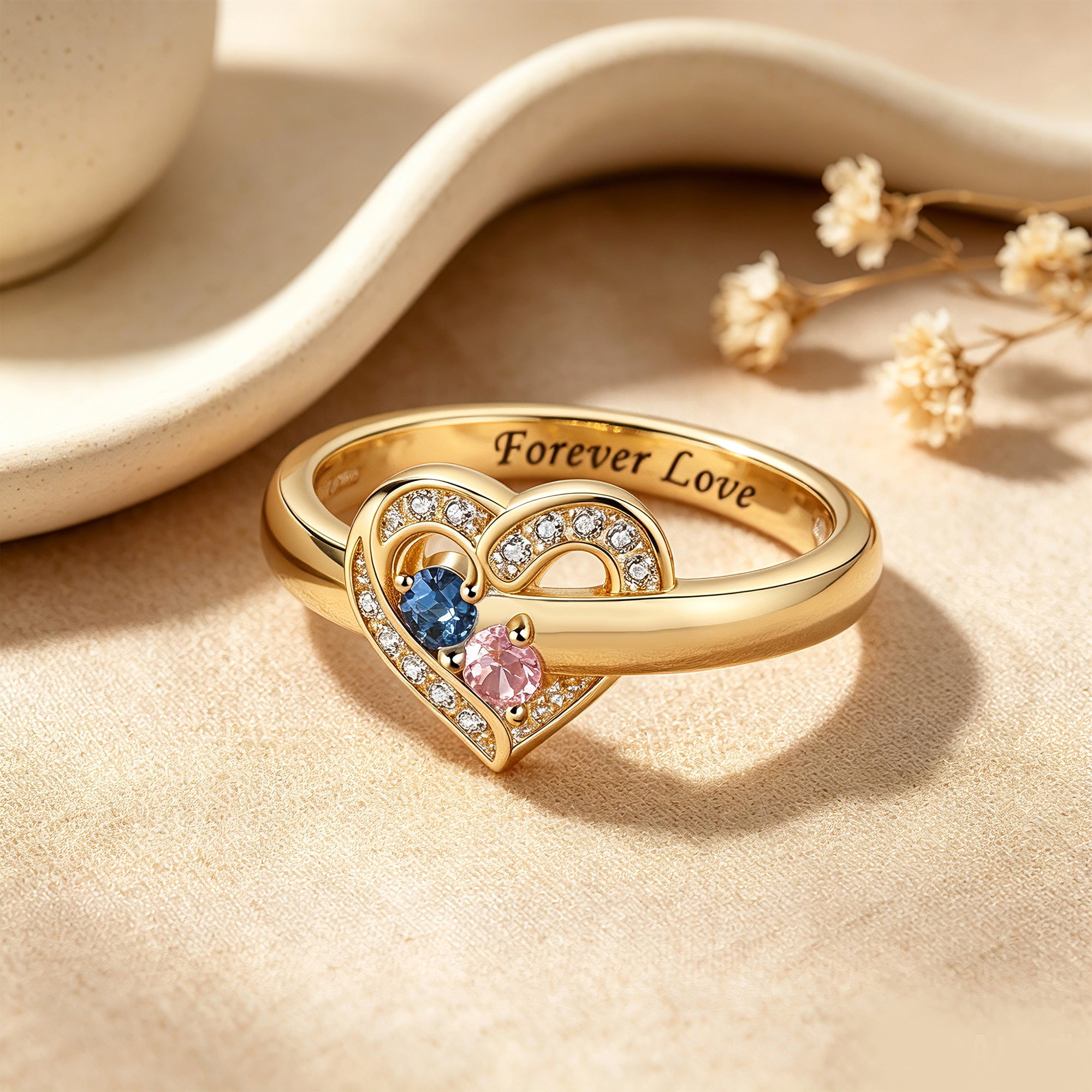 Personalized Birthstone Heart Ring for Women – 2 Custom CZ Stones Pavé Heart Frame Anniversary Gift for Her