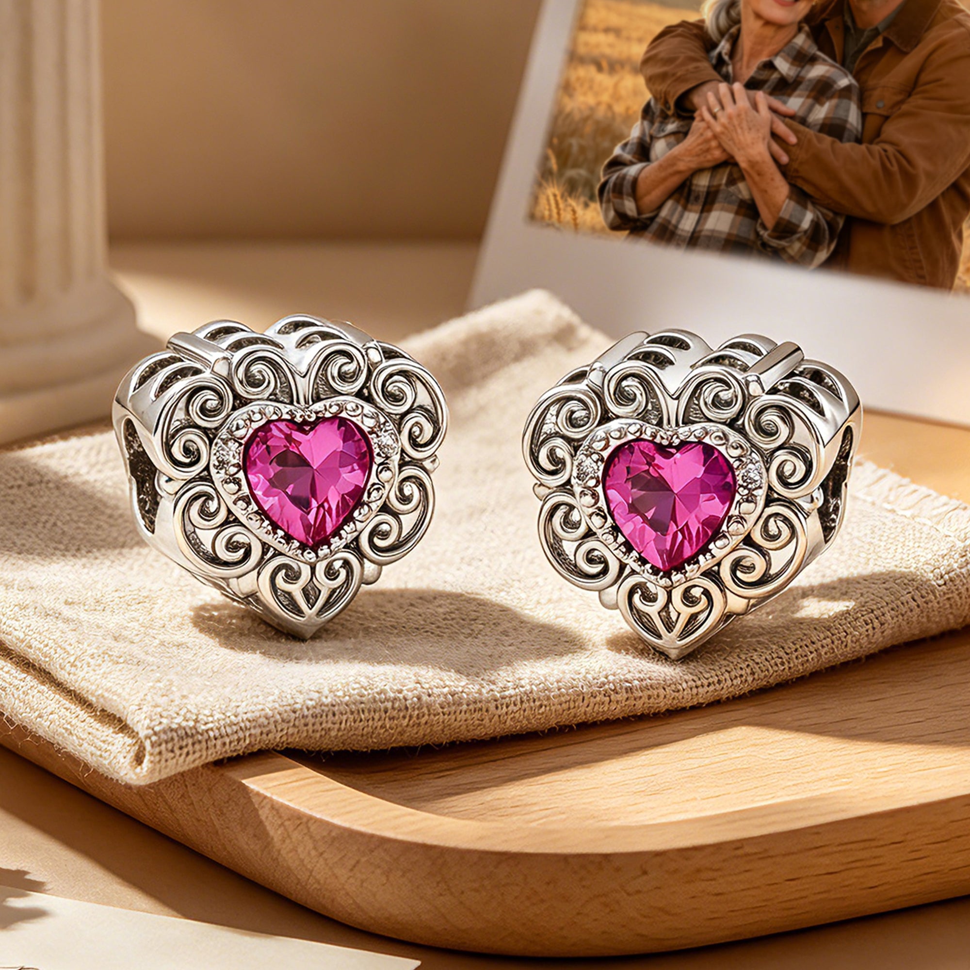 Custom Photo Heart Charm – Pink Heart CZ Filigree Bead
