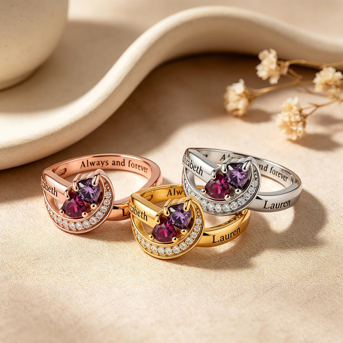 Personalized Birthstone Heart Name Ring for Women – 2 Custom CZ Stones Engraved Anniversary Gift for Her