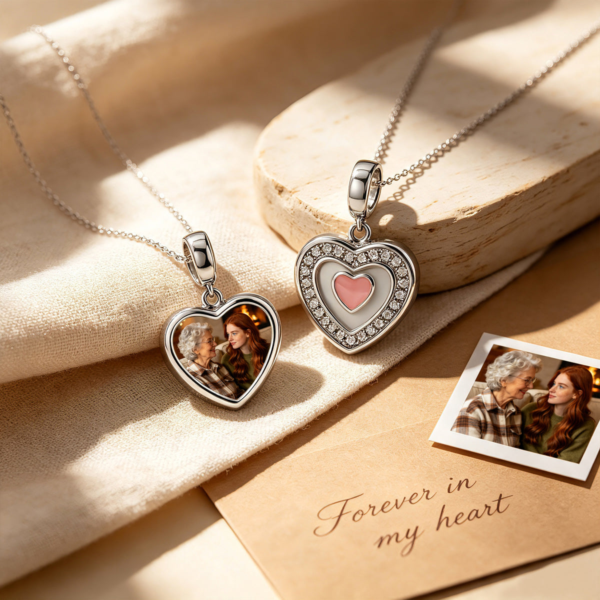 Custom Photo Heart Dangle Charm Bead with CZ Halo & Pink Heart – Personalized Picture European Bead Gift for Her