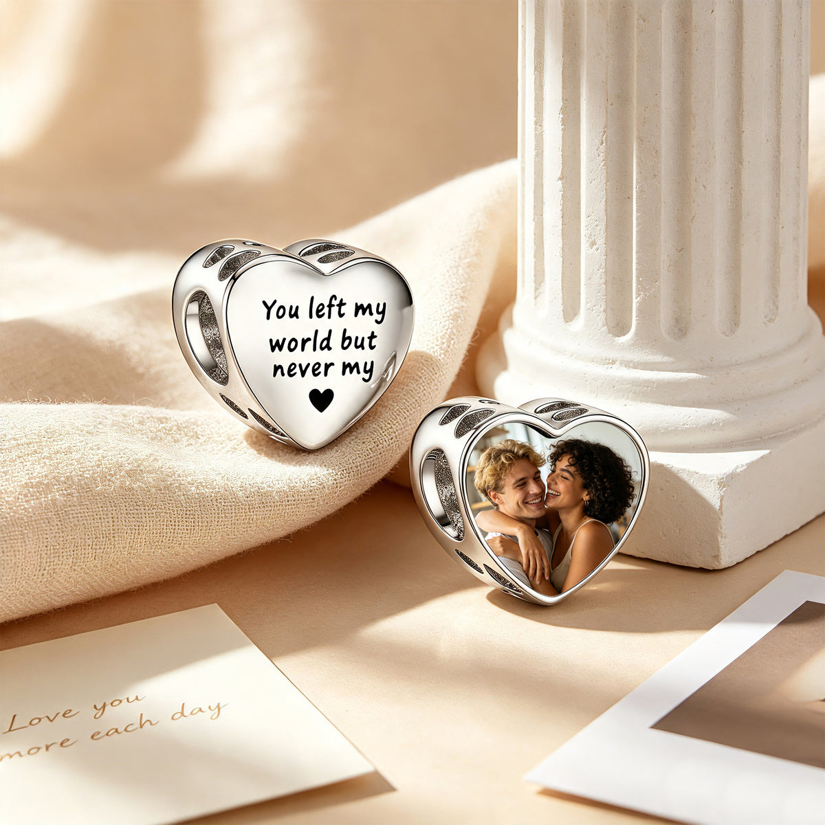 Custom Photo & Engraved Text Heart Charm Bead – Personalized Memory Charm for Bracelet, Gift for Her