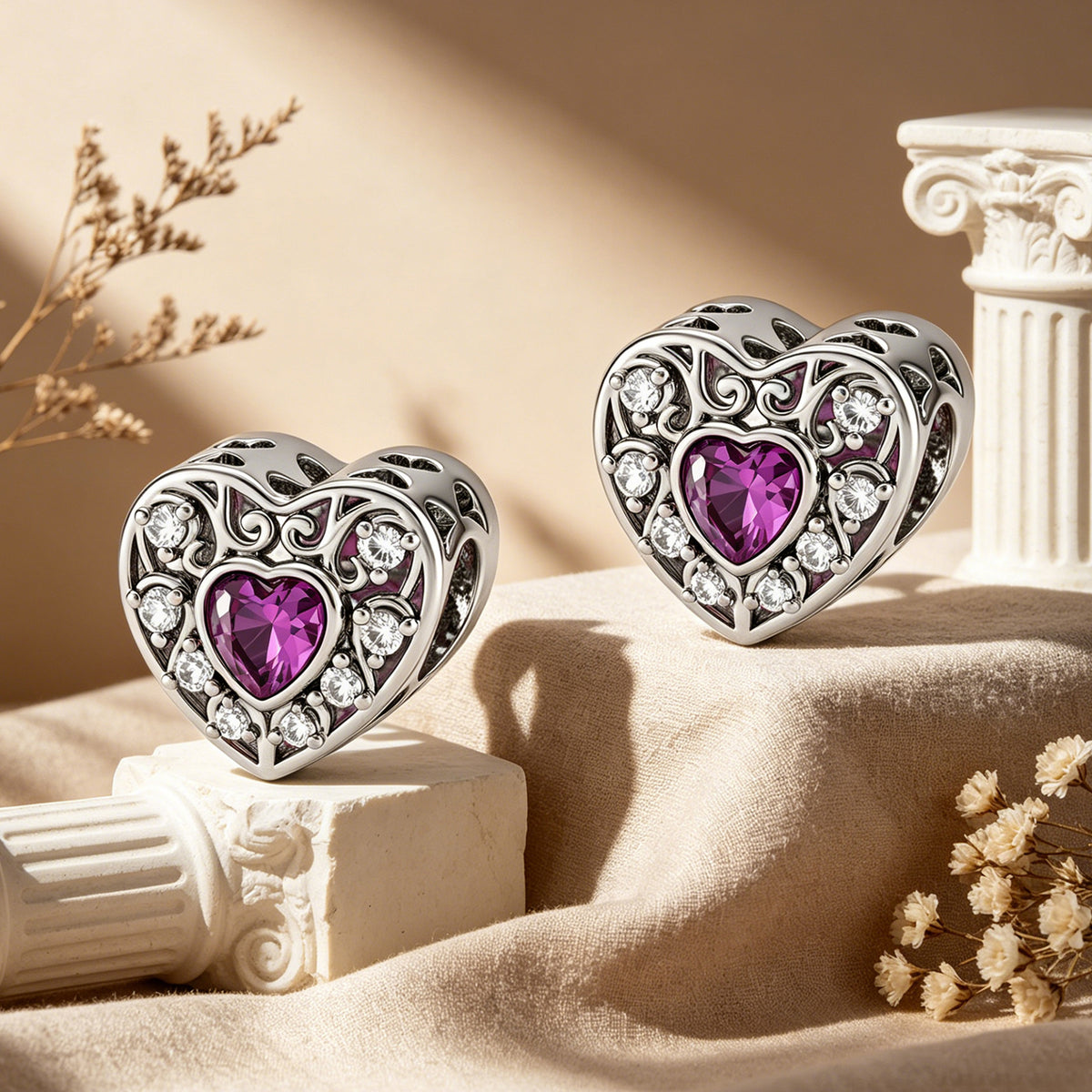Custom Photo Heart Charm – Purple Heart CZ Openwork Bead