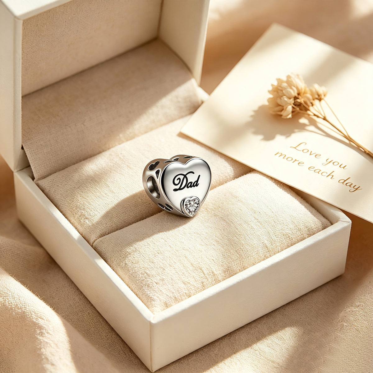 Custom Photo Heart Charm Bead with Script “Dad” & CZ Heart Accent – Personalized Picture European Bead Gift for Dad