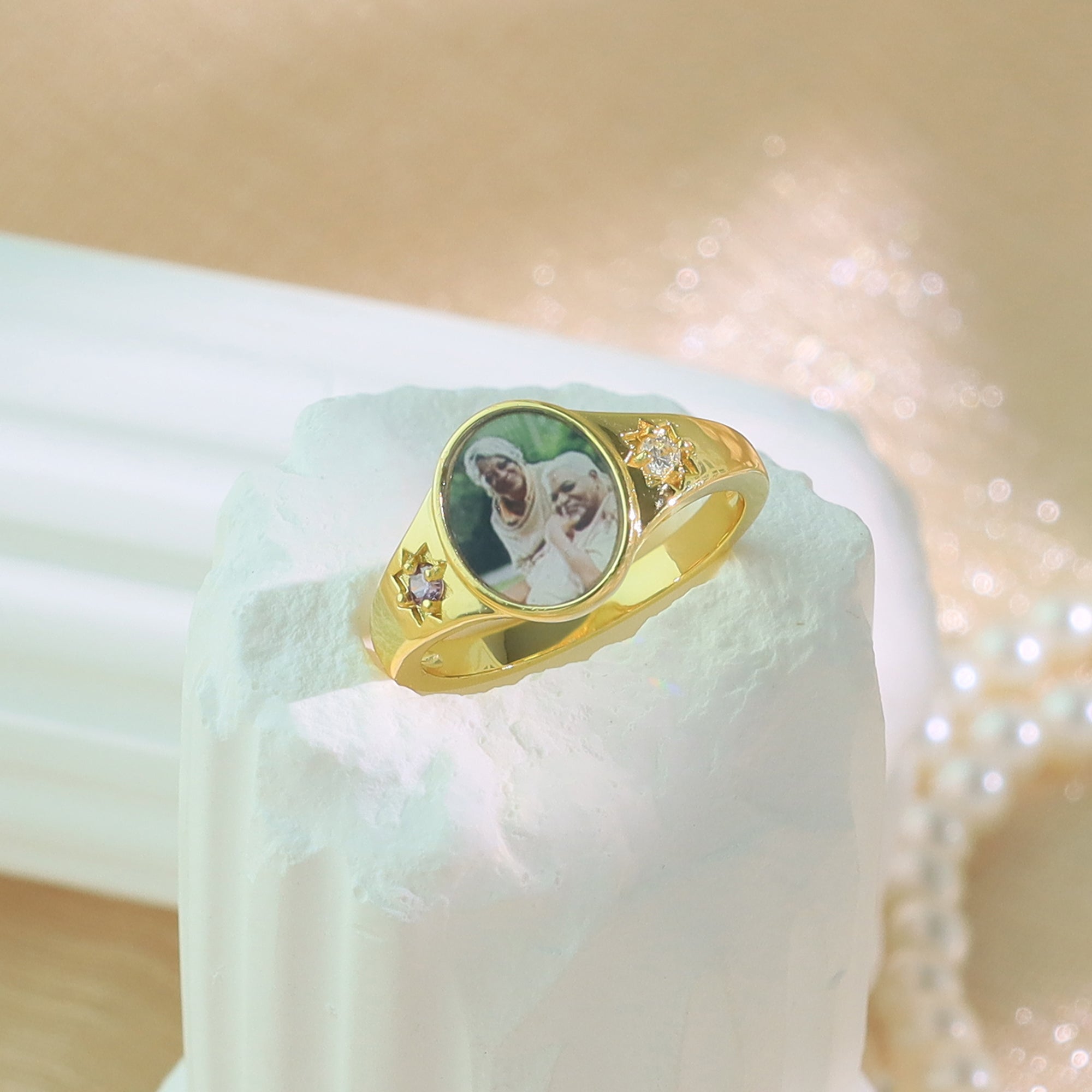 Personalized Photo Birthstone Ring for Women – Custom Picture Star Prong CZ Anniversary Gift for Her