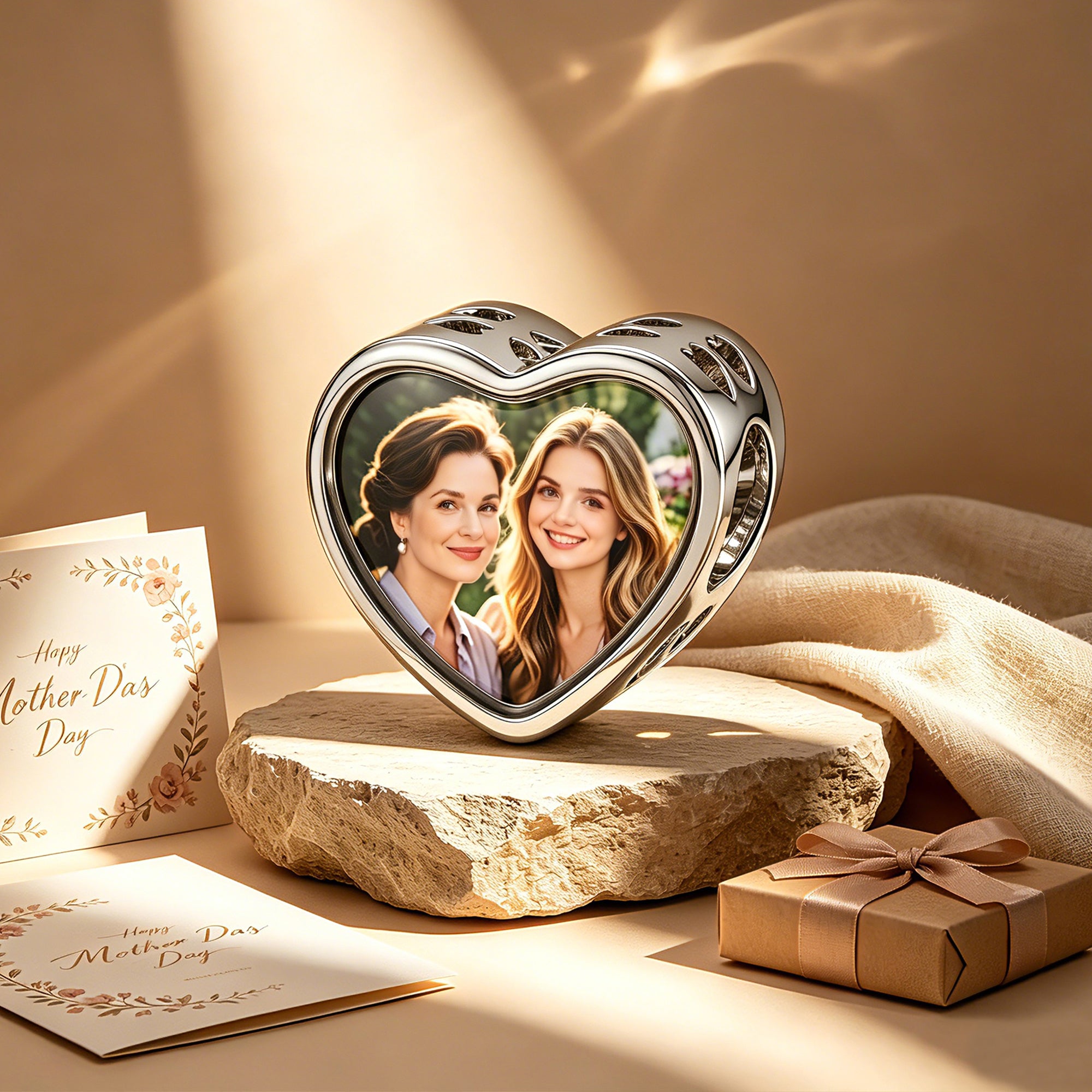 Custom Photo Heart Charm – Mom Heart CZ Filigree Bead