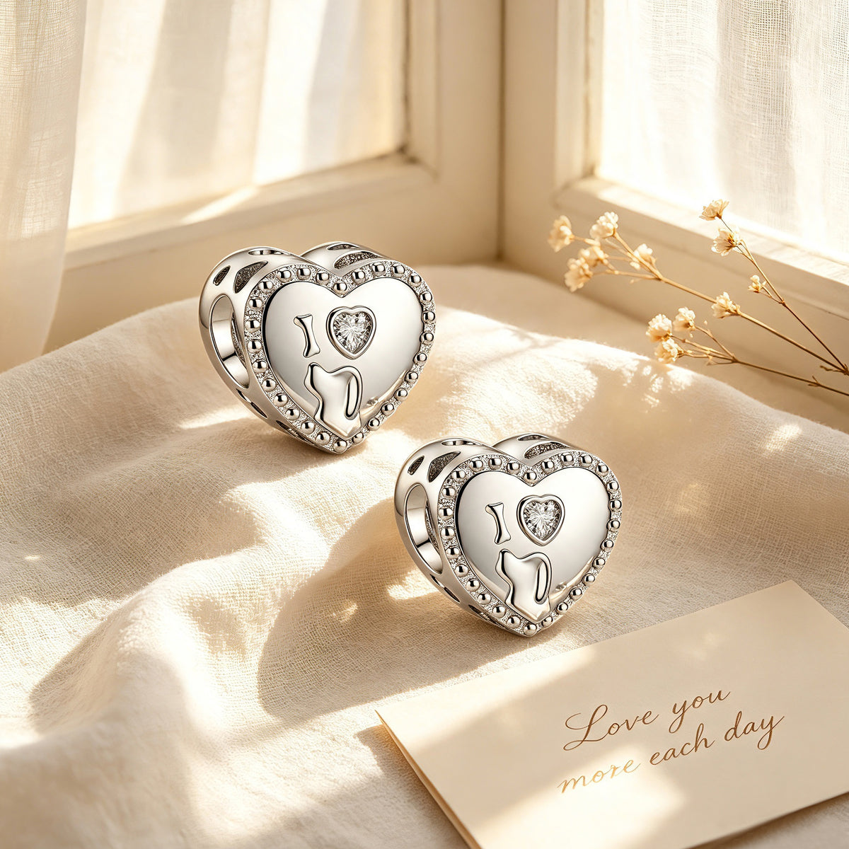 Custom Photo Heart Charm Bead with Dog Silhouette, Bone & Heart-Cut CZ – Pet Memorial European Bead Gift for Her
