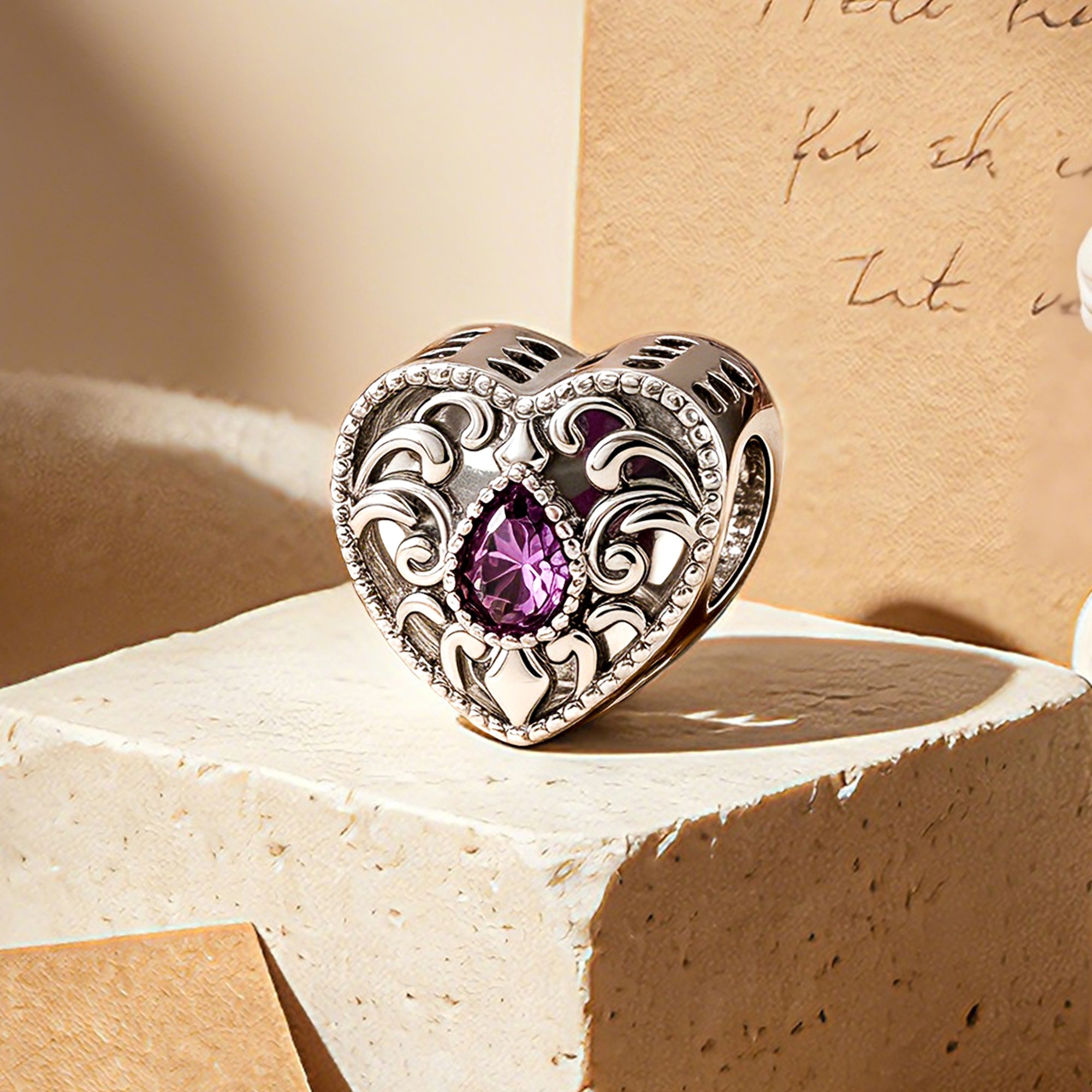 Custom Photo Heart Charm – Purple Teardrop CZ Openwork Bead