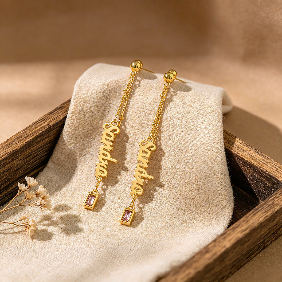 Personalized Name Birthstone Thread Earrings for Women – Custom Script Name Dangle CZ Earrings Gift