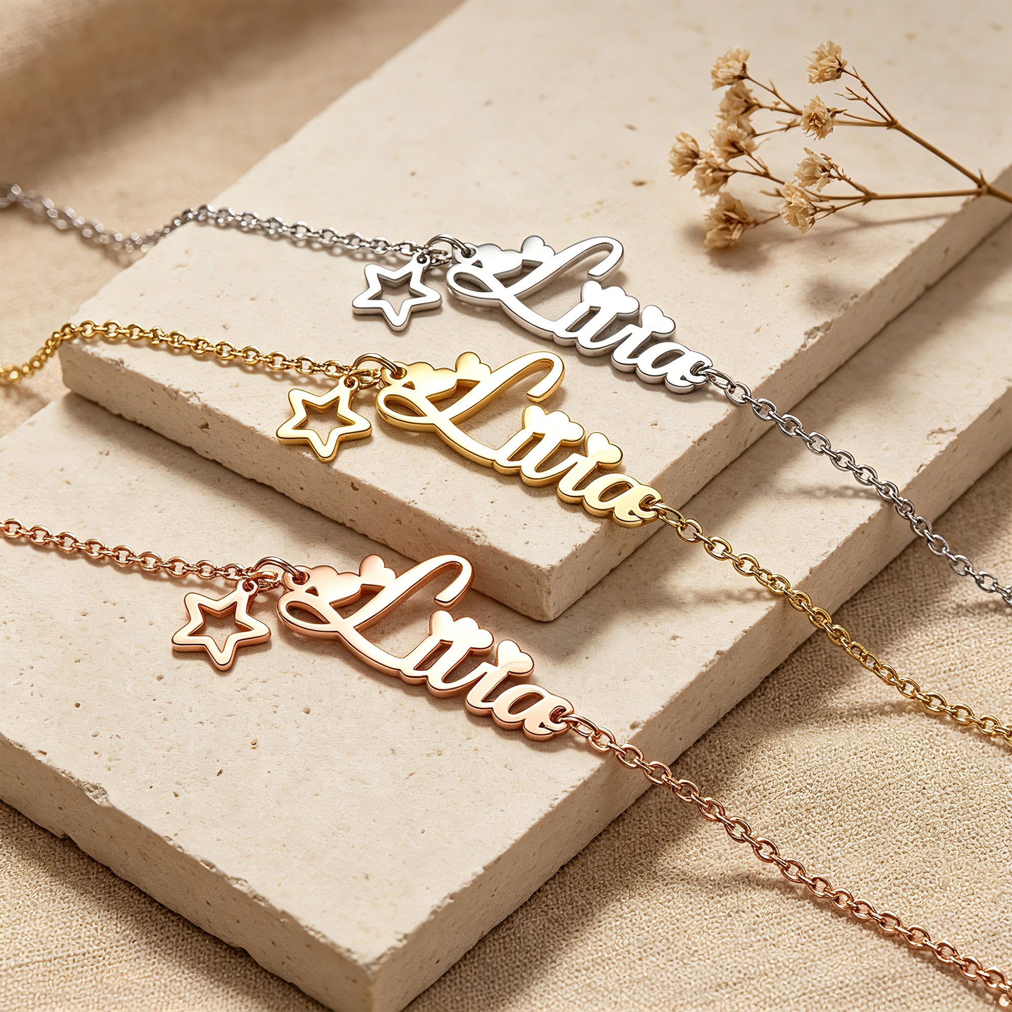 Personalized Script Name Bracelet with Star Charm for Women – Custom Nameplate Bracelet Gift for Her