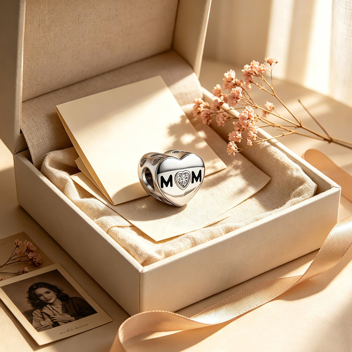 Personalized Photo Heart Charm Bead with MOM Lettering & Heart-Cut CZ – Mother’s Day European Bead Gift for Mom