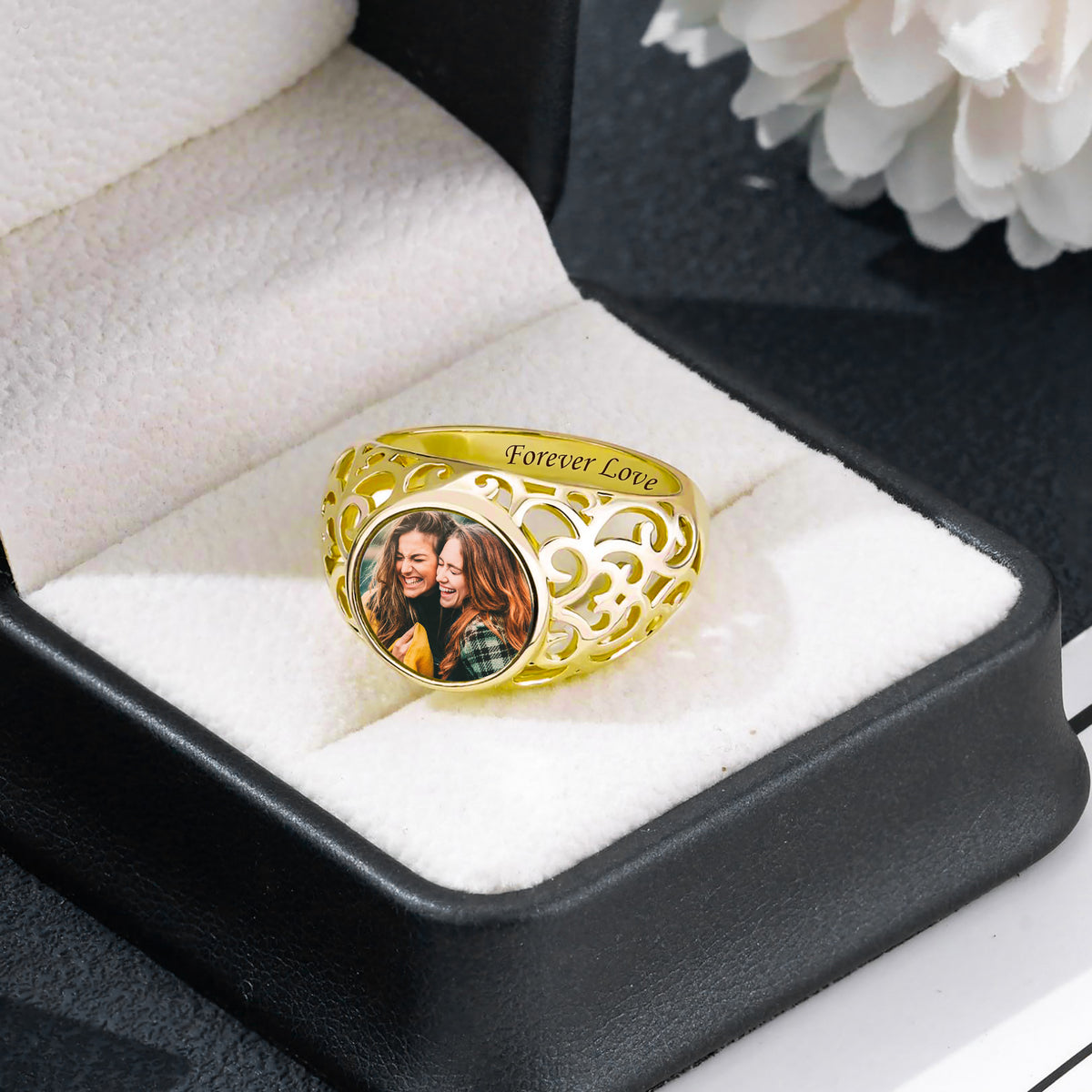 Personalized Photo Filigree Ring for Women – Custom Picture Vintage Locket Jewelry Anniversary Gift for Her