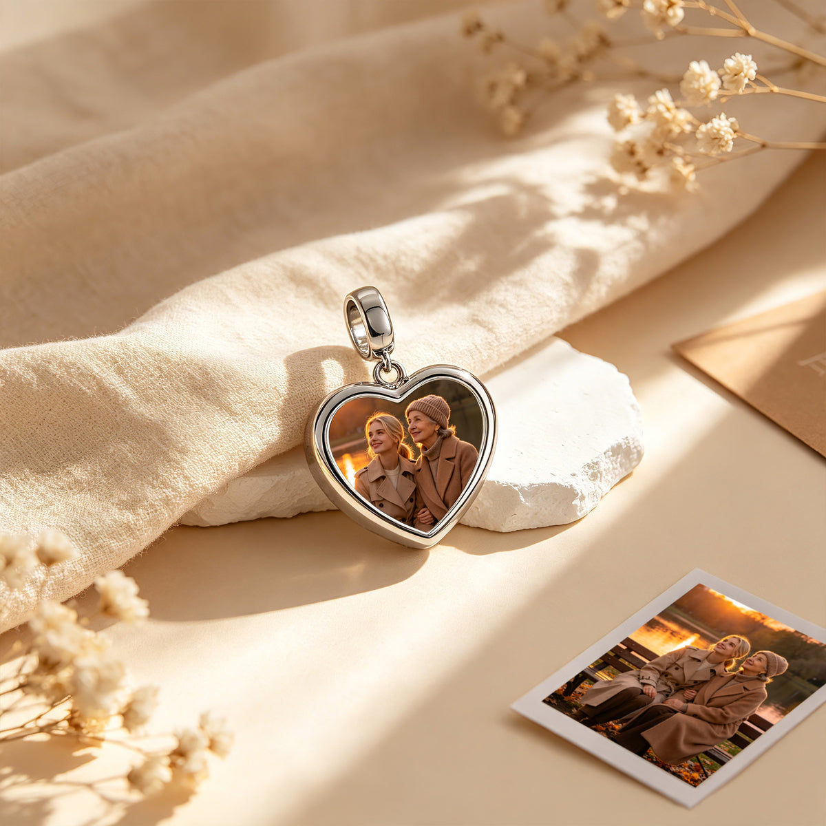 Custom Photo Heart Dangle Charm Bead with CZ Halo & Pink Heart – Personalized Picture European Bead Gift for Her