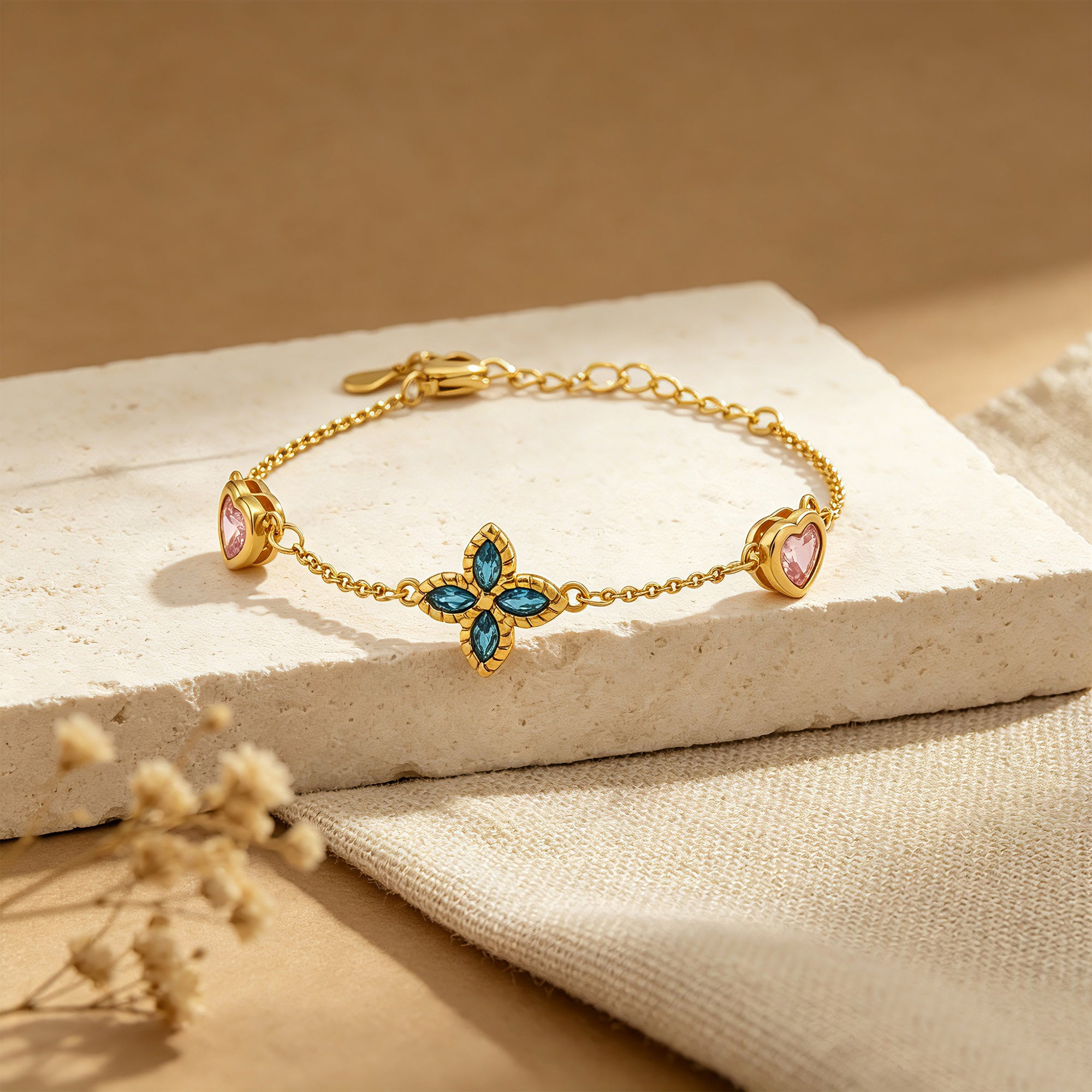 Personalized Four Leaf Clover Heart Birthstone Bracelet for Women – Custom Charm Bracelet Gift for Her