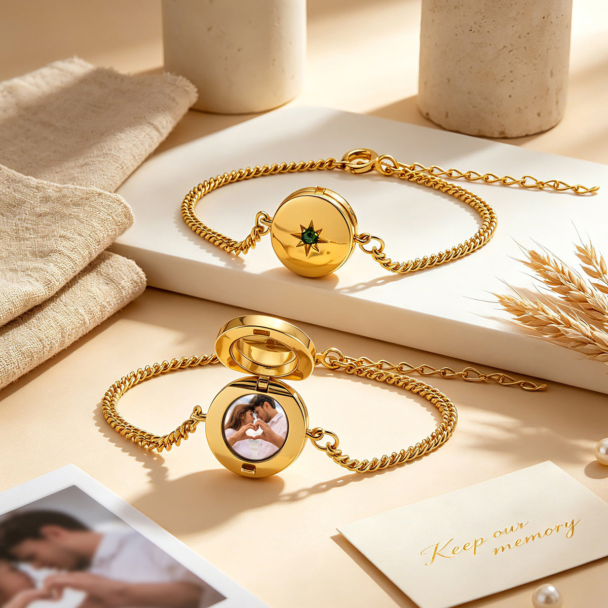 Personalized Photo Locket Bracelet with Birthstone CZ – Custom Picture Bracelet Gift for Her