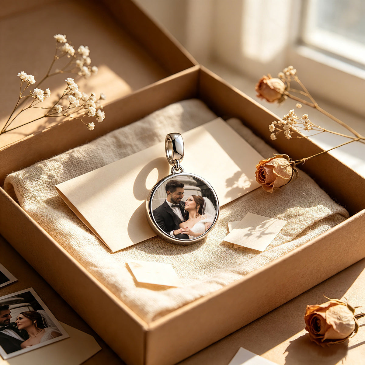 Custom Photo Love Forever Dangle Charm Bead with Pavé CZ – Personalized Picture European Bead Gift for Her