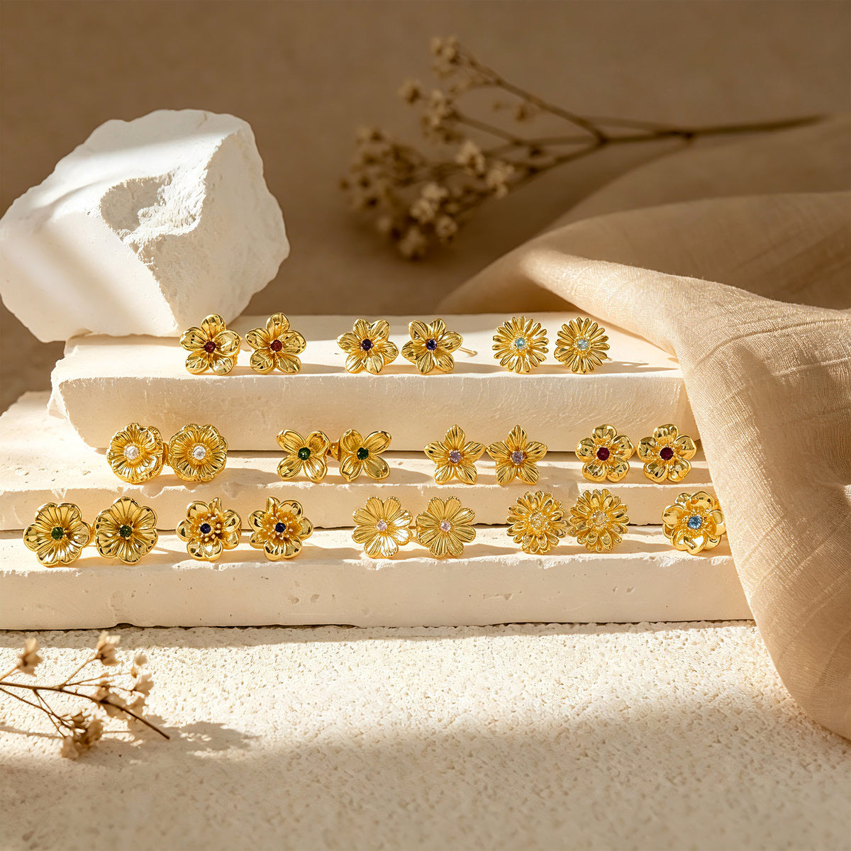 Personalized Birth Flower Birthstone Stud Earrings for Women – 12 Monthly Flower CZ Earrings Gift