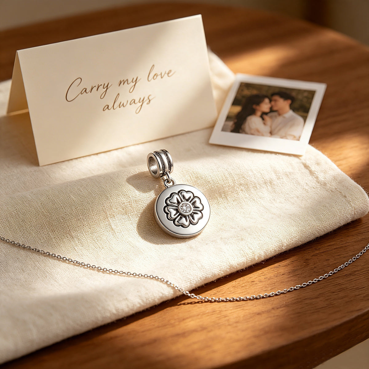 Custom Photo Flower Motif Dangle Charm Bead with CZ Center – Personalized Picture European Bead Gift for Her