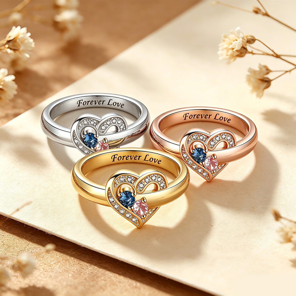 Personalized Birthstone Heart Ring for Women – 2 Custom CZ Stones Pavé Heart Frame Anniversary Gift for Her