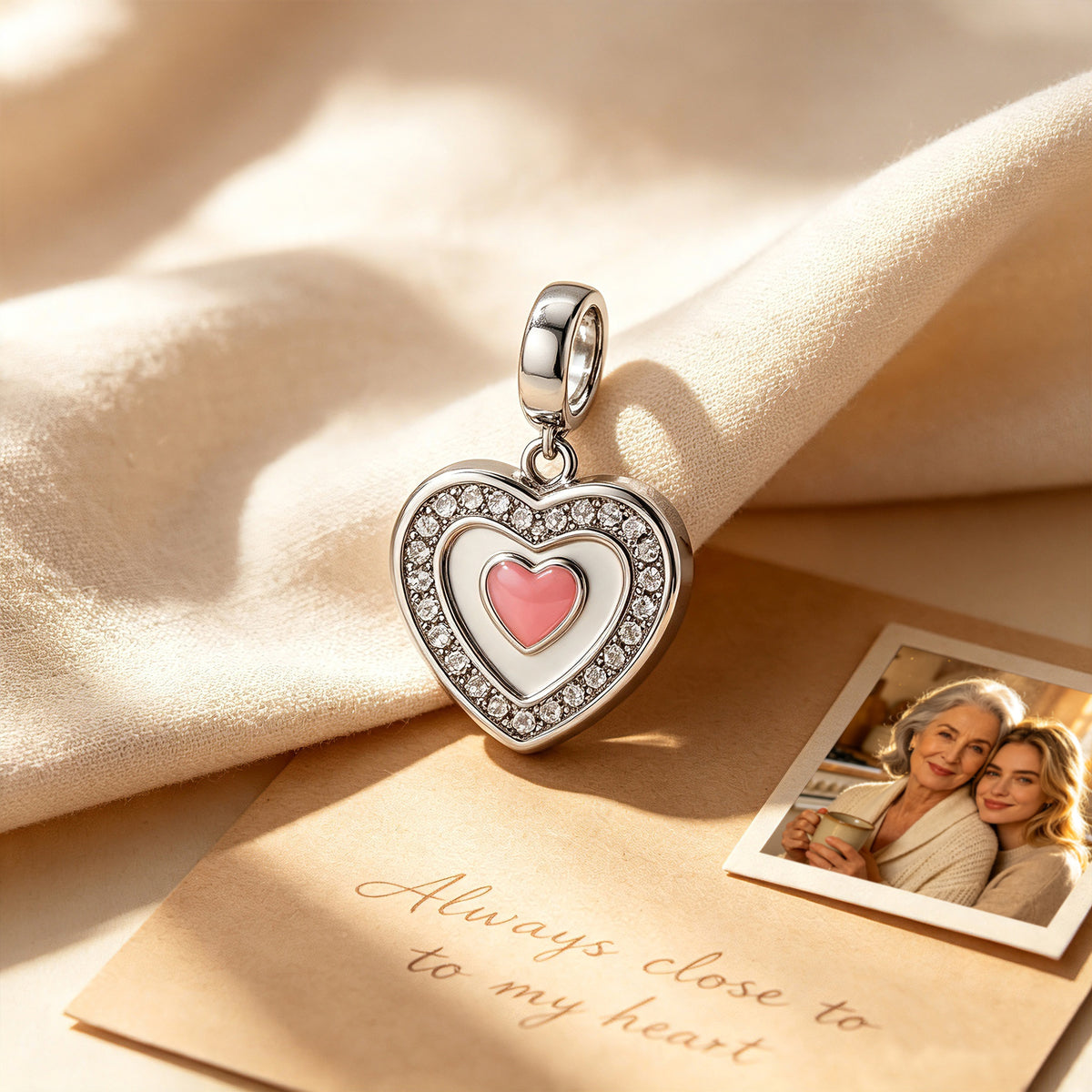 Custom Photo Heart Dangle Charm Bead with CZ Halo & Pink Heart – Personalized Picture European Bead Gift for Her