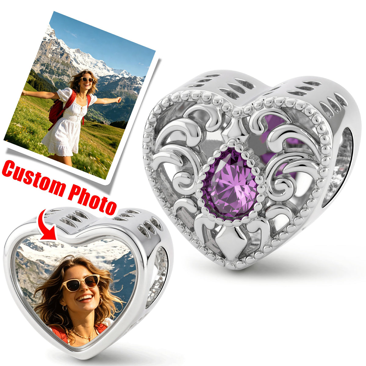 Custom Photo Heart Charm – Purple Teardrop CZ Openwork Bead