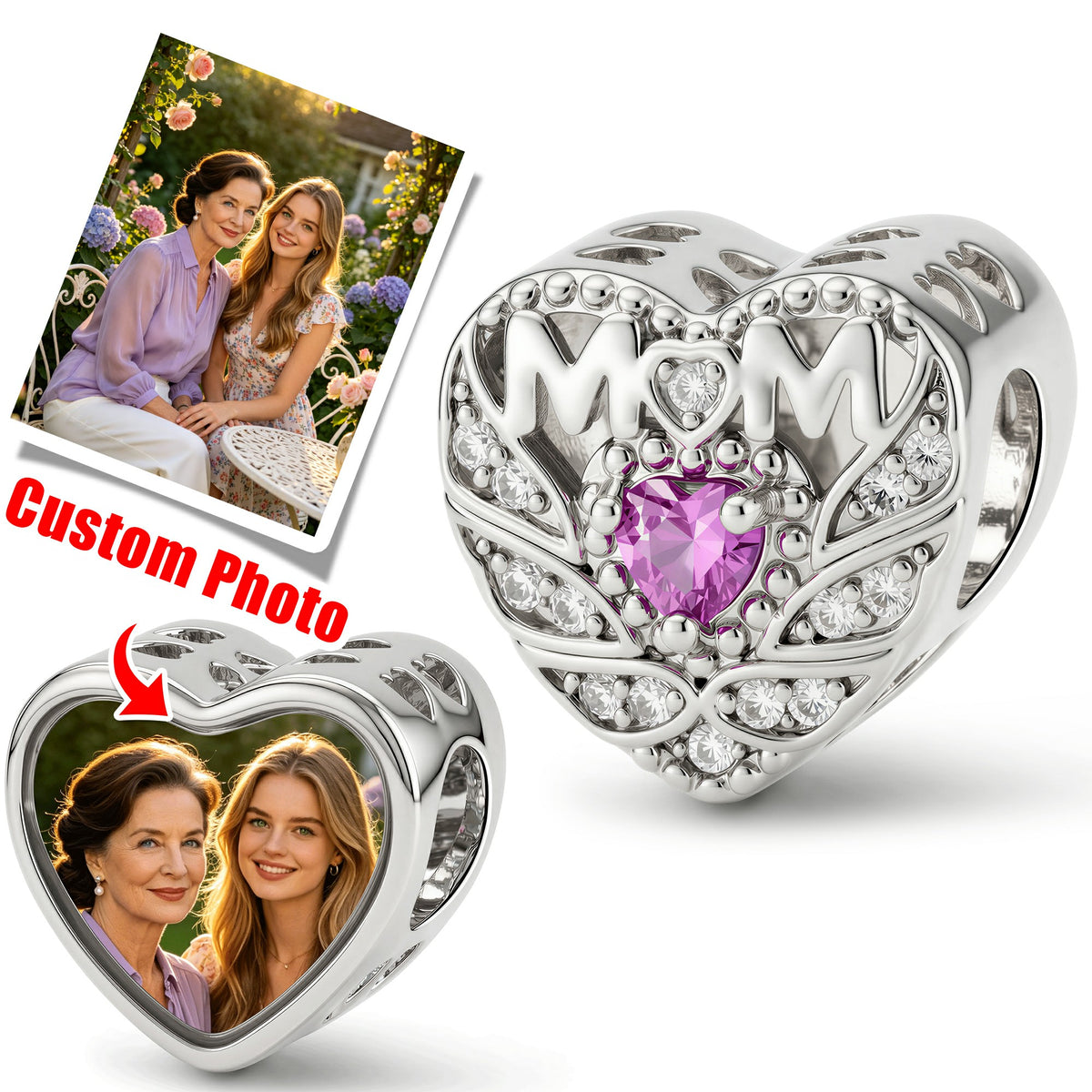 Custom Photo Heart Charm – Mom Heart CZ Filigree Bead