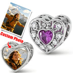 Custom Photo Heart Charm – Purple Heart CZ Openwork Bead