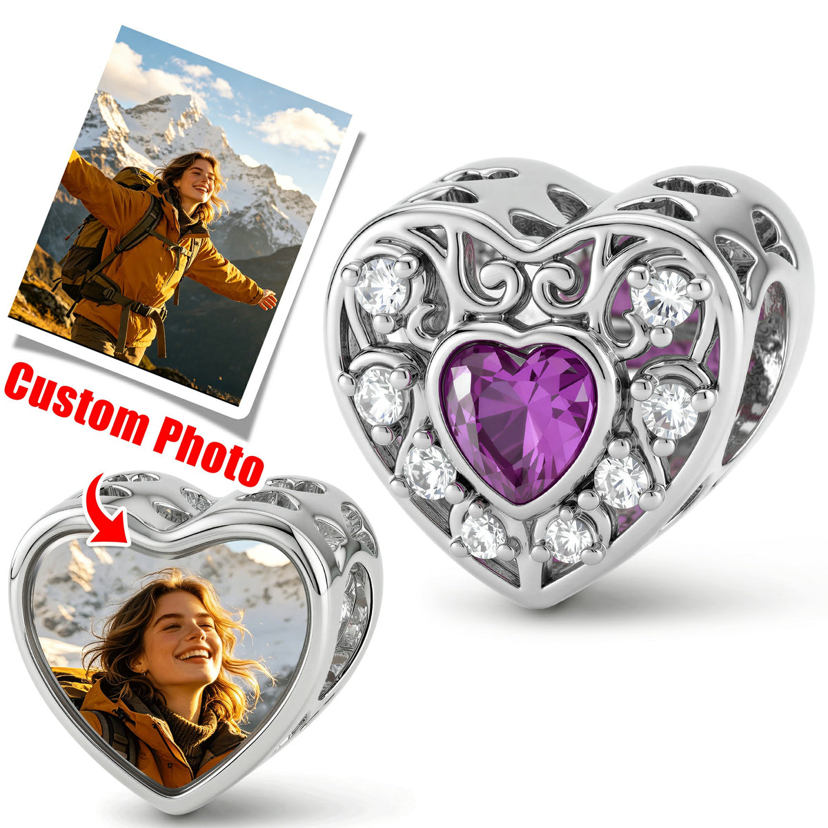 Custom Photo Heart Charm – Purple Heart CZ Openwork Bead