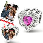 Custom Photo Heart Charm – Pink Heart CZ Filigree Bead