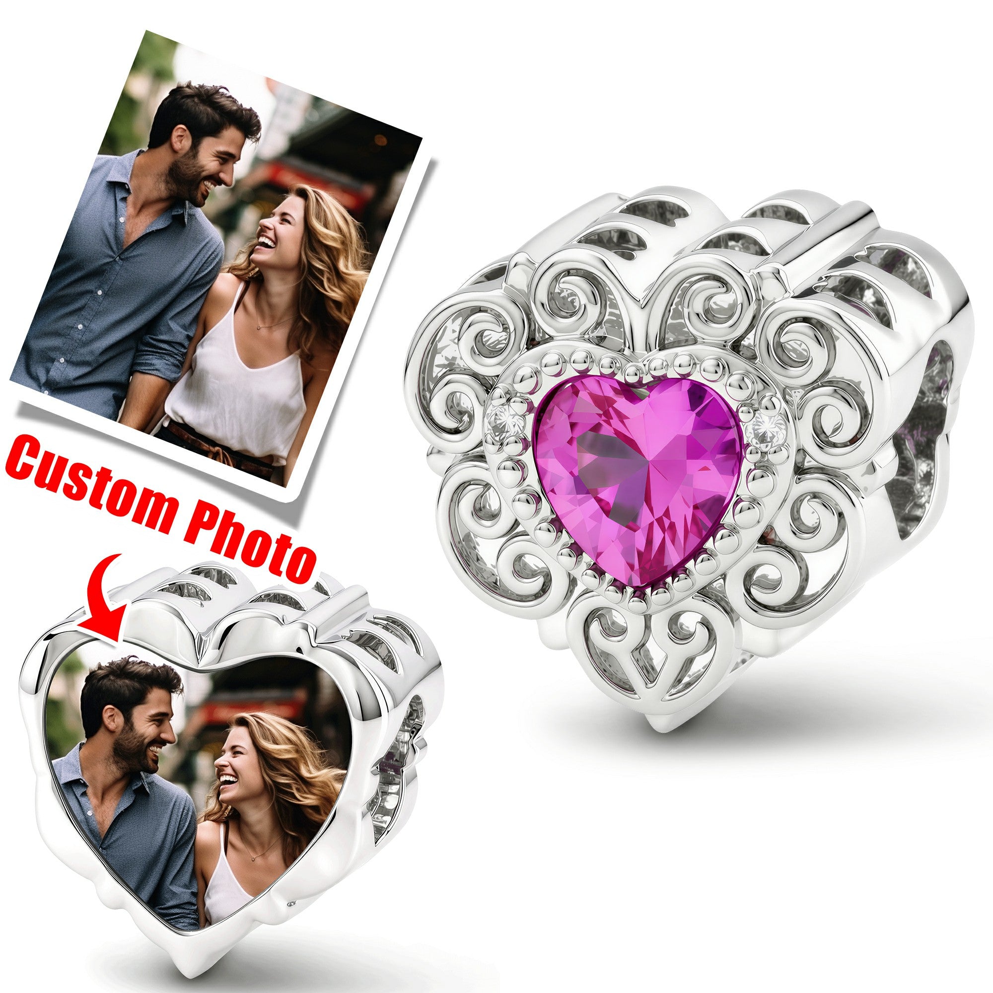 Custom Photo Heart Charm – Pink Heart CZ Filigree Bead