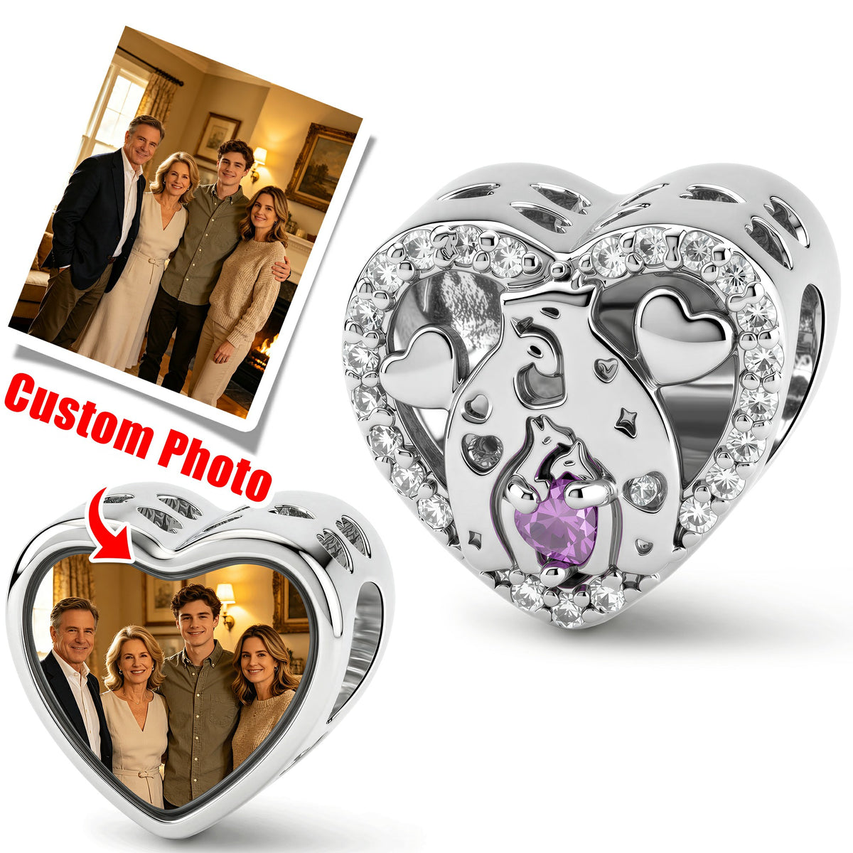 Custom Photo Heart Charm – Bear Hug Purple Heart CZ Bead