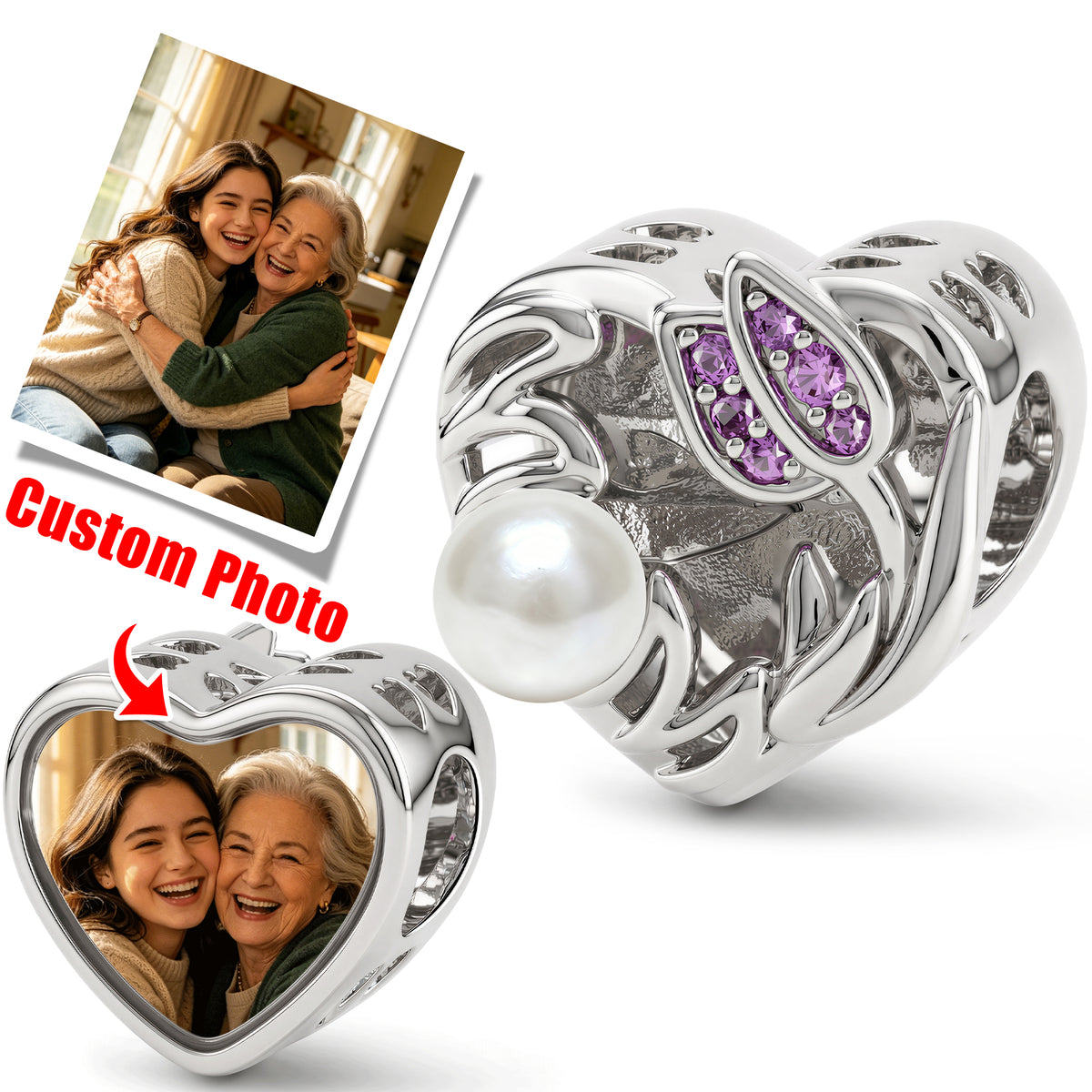Custom Photo Heart Charm Bead | S925 Silver & Copper Personalized Gift
