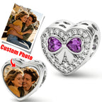 Custom Photo Heart Charm – Purple Bow CZ Pavé Heart Bead