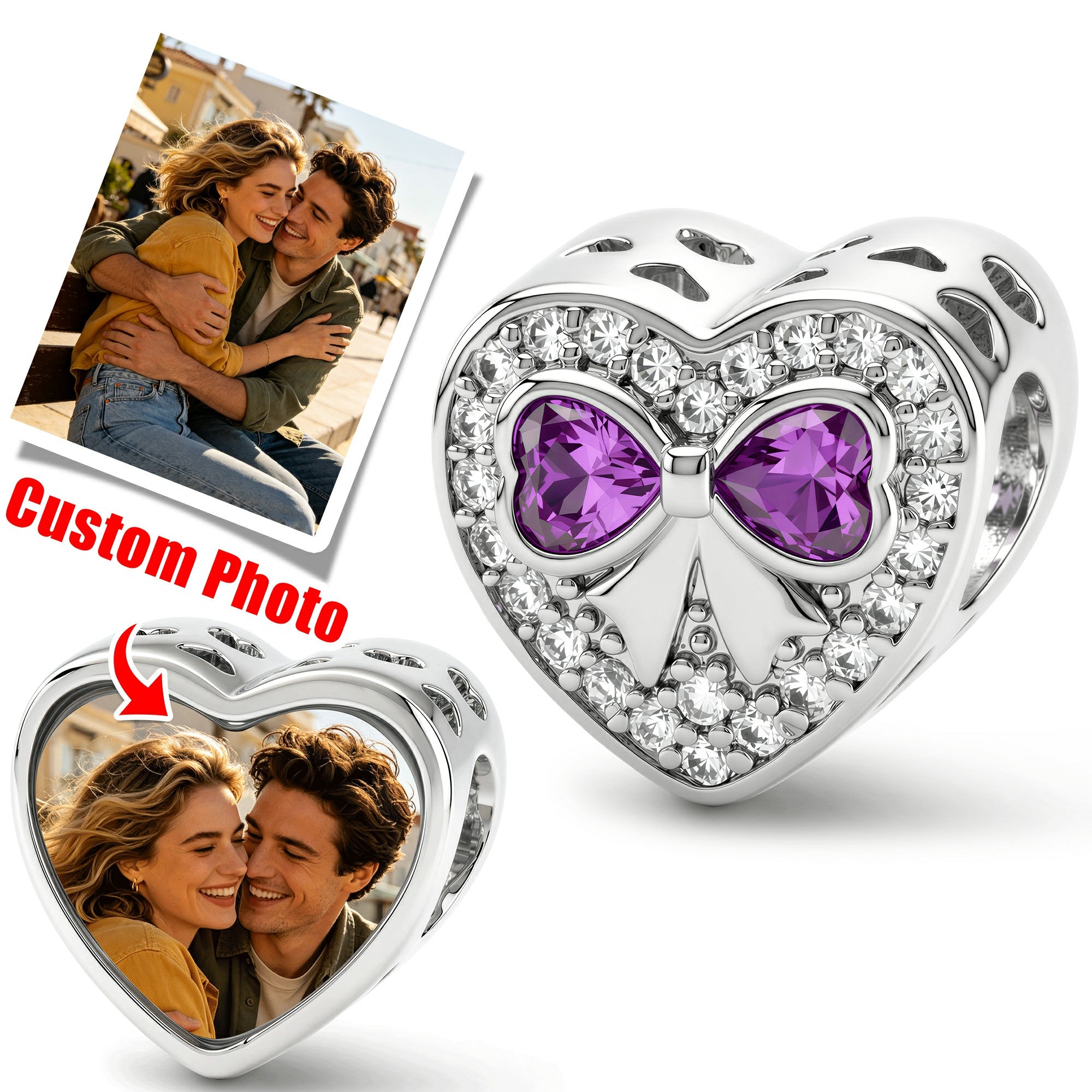 Custom Photo Heart Charm – Purple Bow CZ Pavé Heart Bead