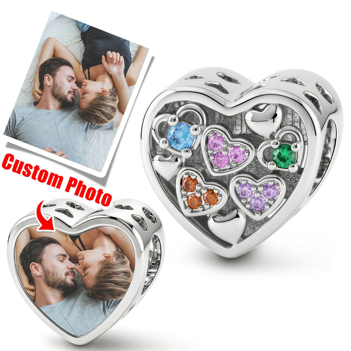Custom Photo Heart Charm | Sparkling CZ Bead for Pandora Bracelets