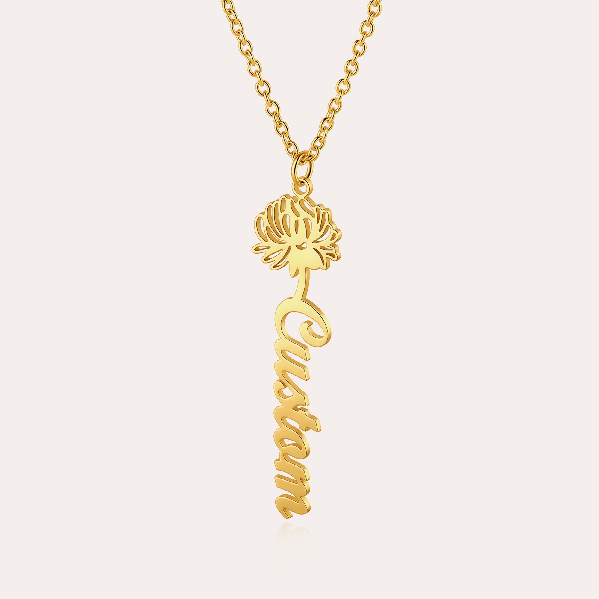 Personalized Birth Flower Name Necklace for Women – Custom Vertical Script Nameplate Gift for Her