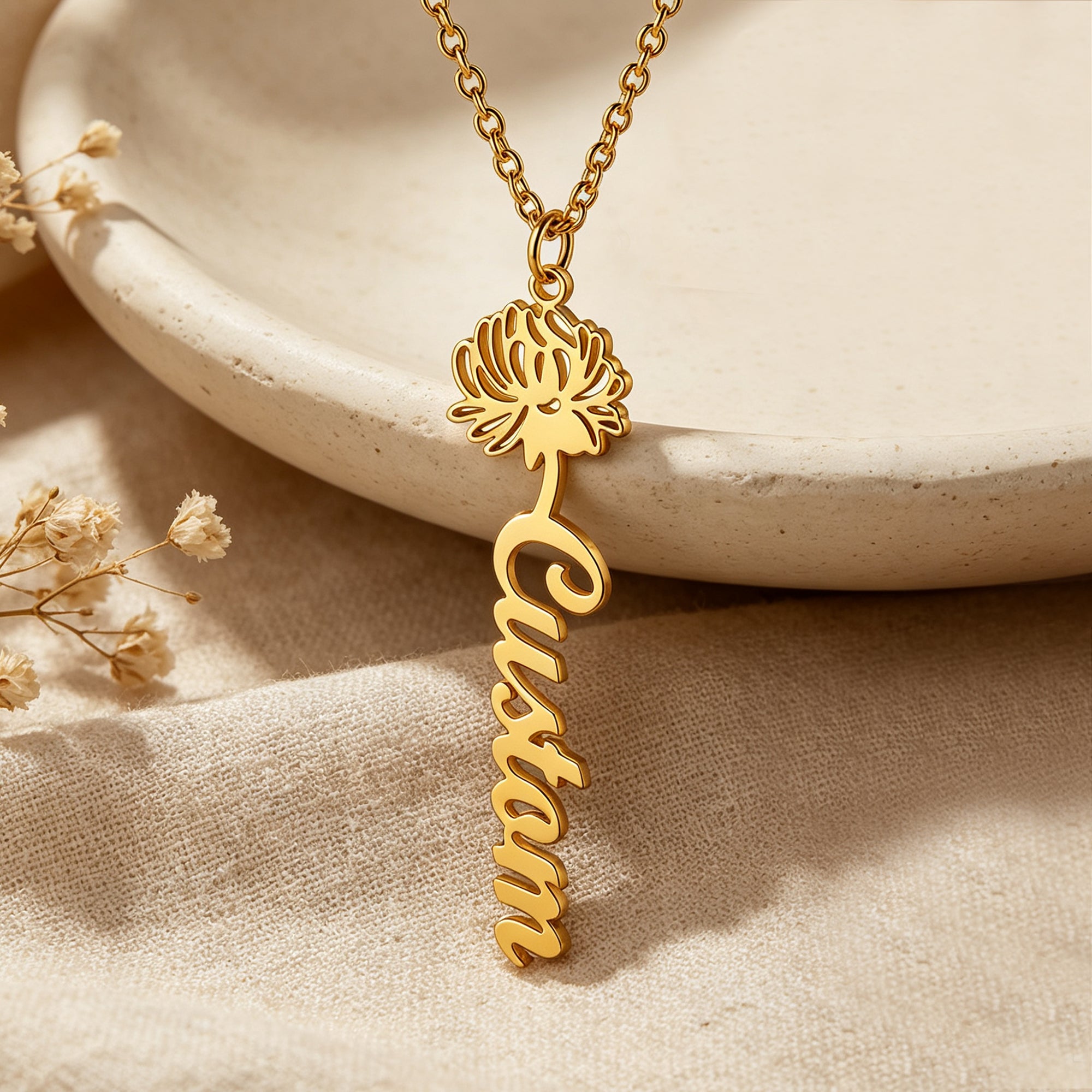 Personalized Birth Flower Name Necklace for Women – Custom Vertical Script Nameplate Gift for Her