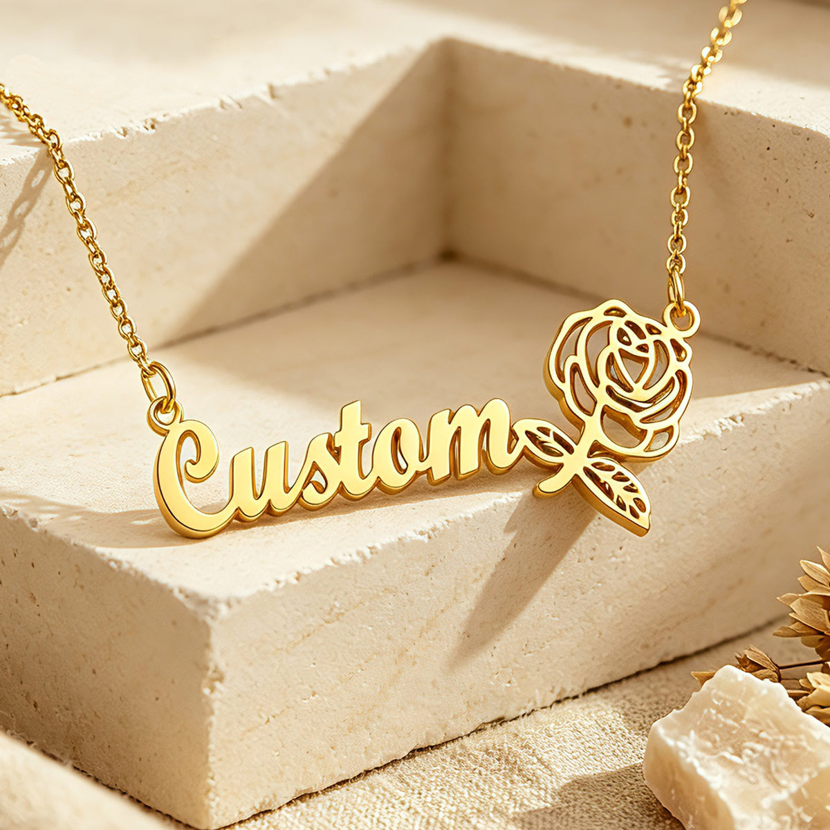 Personalized Birth Flower Name Necklace for Women – Custom Script Nameplate Jewelry Gift for Her