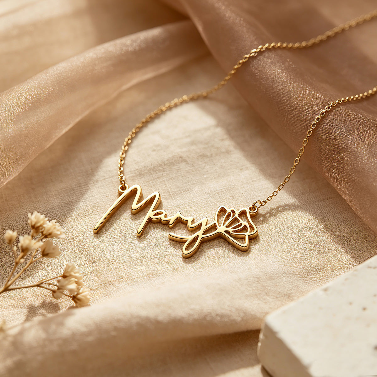 Personalized Birth Flower Script Name Necklace for Women – Custom Nameplate Jewelry Gift for Her