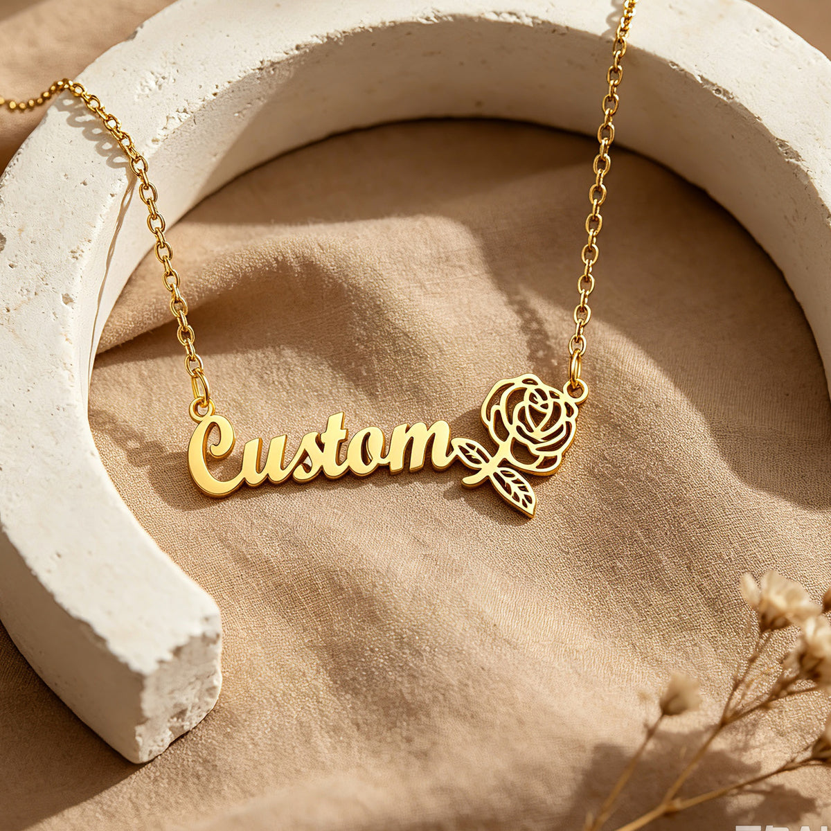 Personalized Birth Flower Name Necklace for Women – Custom Script Nameplate Jewelry Gift for Her