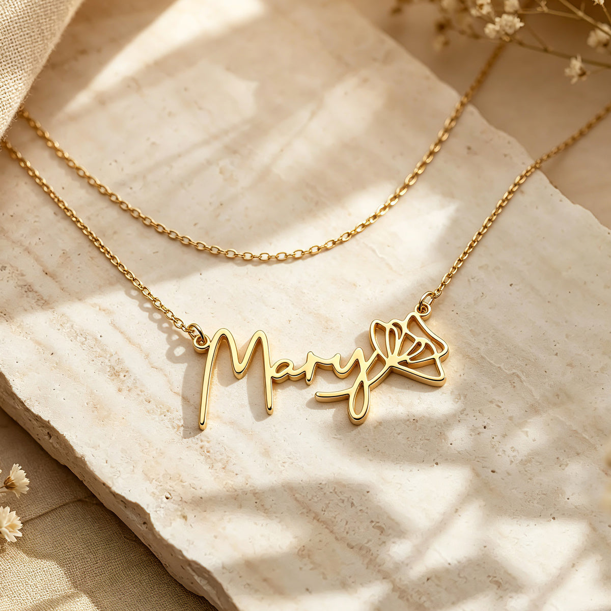 Personalized Birth Flower Script Name Necklace for Women – Custom Nameplate Jewelry Gift for Her