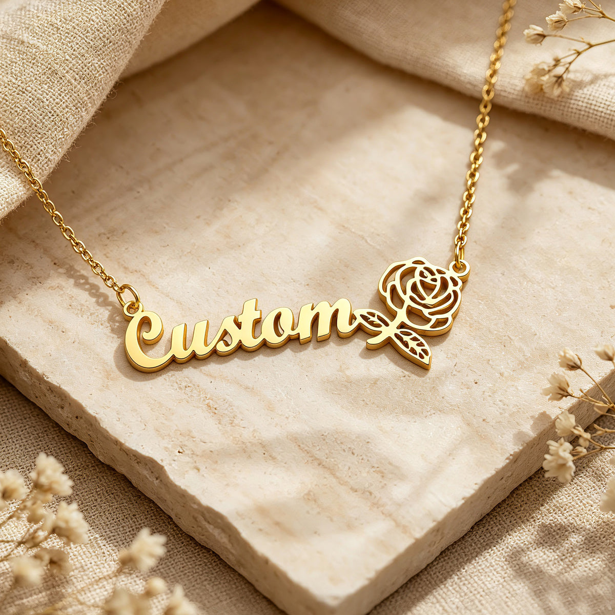 Personalized Birth Flower Name Necklace for Women – Custom Script Nameplate Jewelry Gift for Her