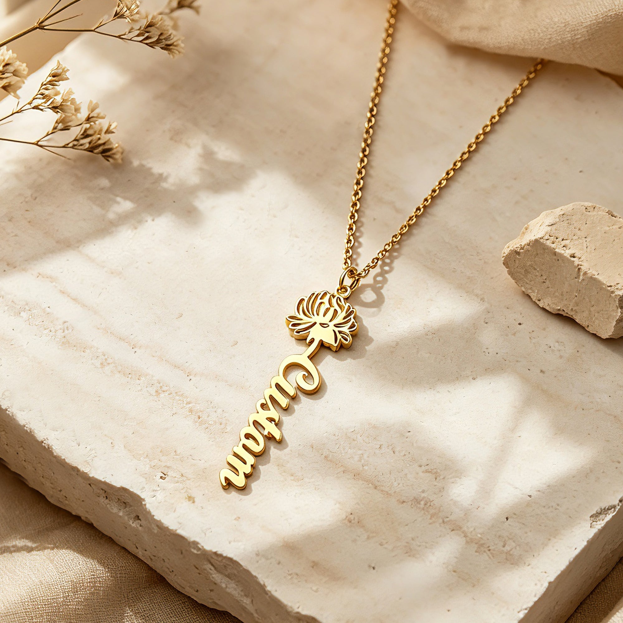 Personalized Birth Flower Name Necklace for Women – Custom Vertical Script Nameplate Gift for Her