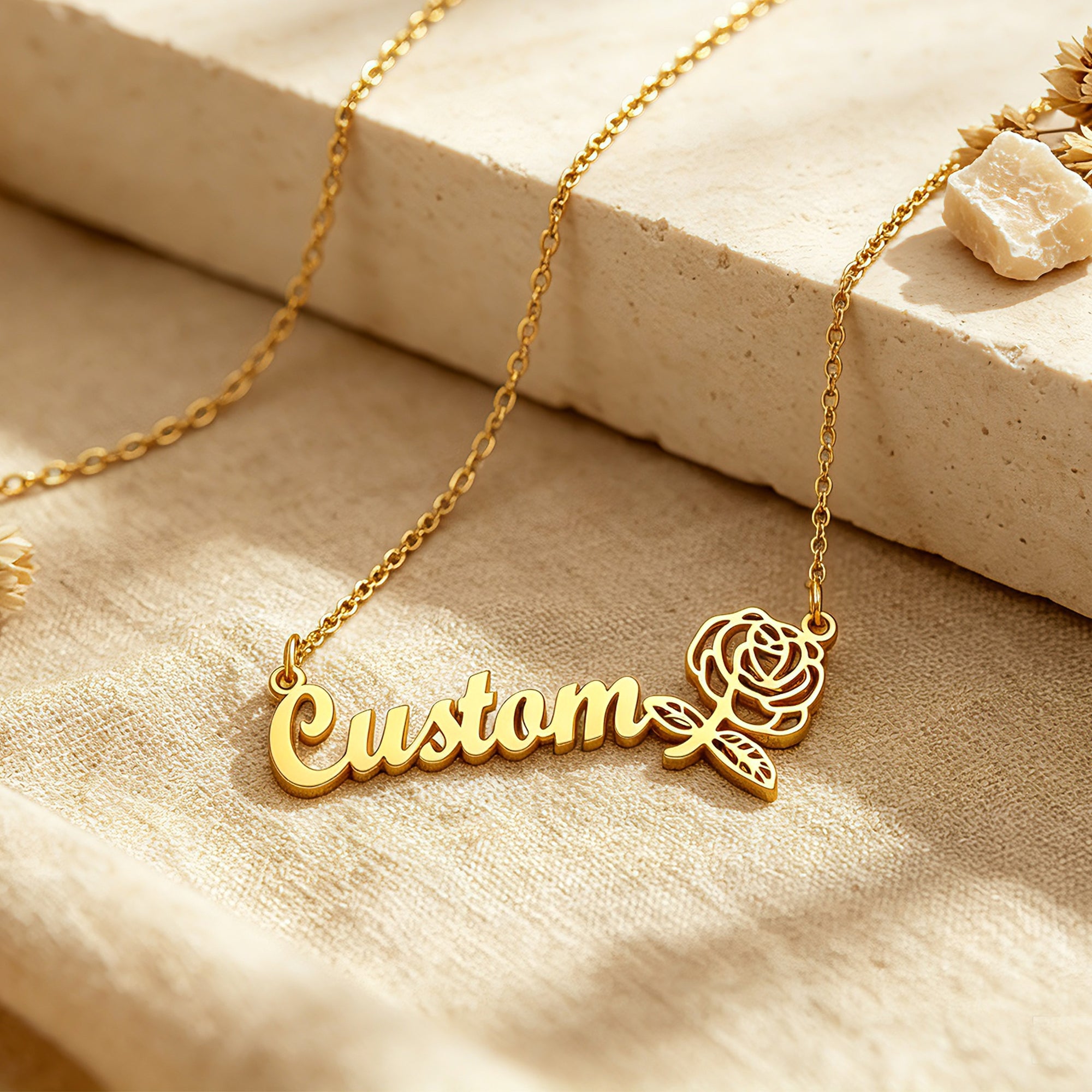 Personalized Birth Flower Name Necklace for Women – Custom Script Nameplate Jewelry Gift for Her