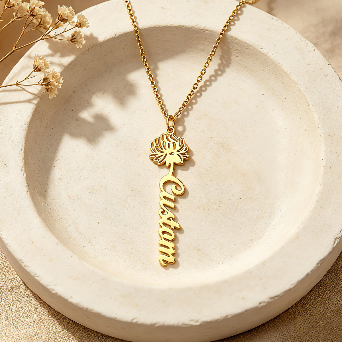 Personalized Birth Flower Name Necklace for Women – Custom Vertical Script Nameplate Gift for Her