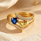 Personalized Birthstone Heart Name Ring for Women – 2 Custom CZ Stones Crossover Band Forever Love Jewelry Anniversary Gift for Her