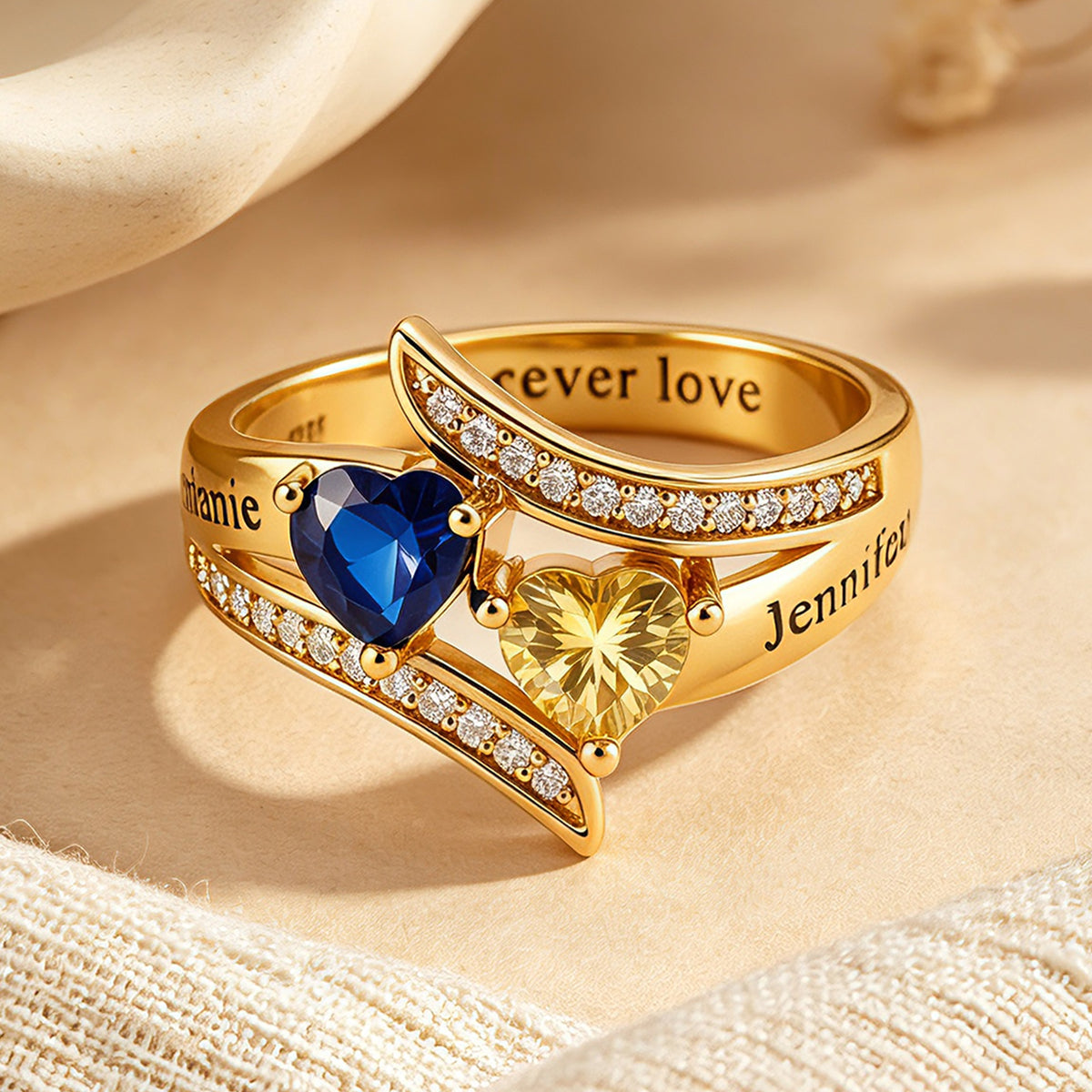 Personalized Birthstone Heart Name Ring for Women – 2 Custom CZ Stones Crossover Band Forever Love Jewelry Anniversary Gift for Her